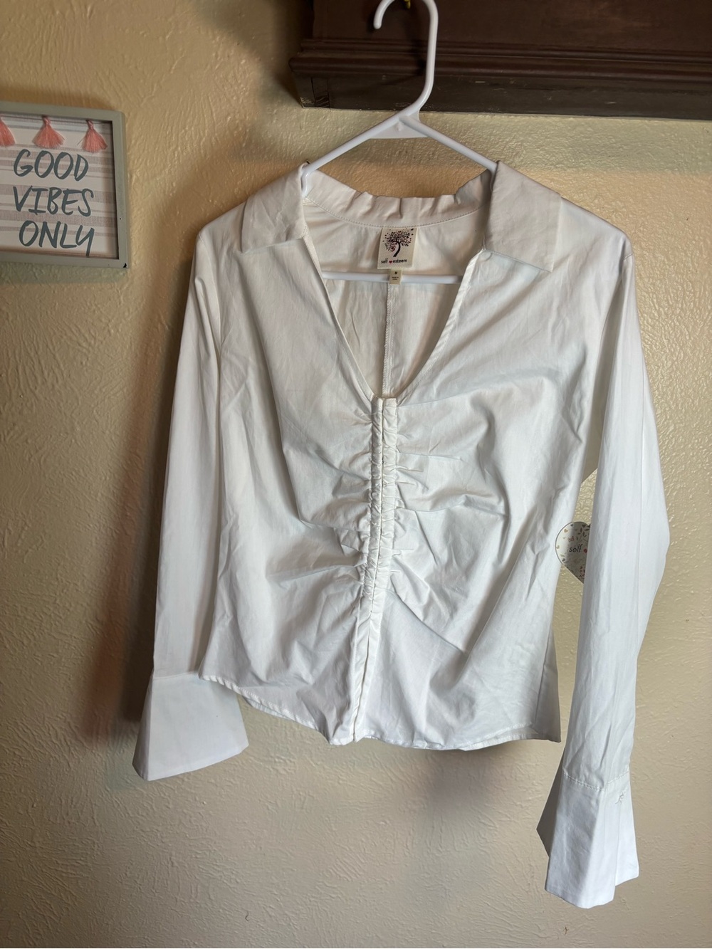 Self Esteem White Ruched Front Button-Down Shirt